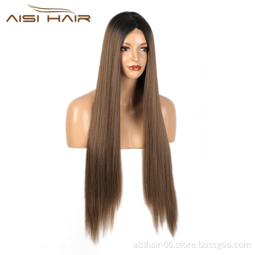 Aisi Hair 30 Inch Long Silky Straight Ombre Brown Dark Root Swiss Lace Wig Cheap Synthetic Hair Lace Front Wigs For Black Women